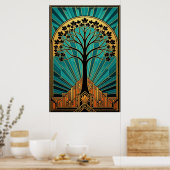 Poster Elegant Art Deco Maple Tree Silhouette Gold Teal (Cuisine)