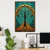 Poster Elegant Art Deco Maple Tree Silhouette Gold Teal (Bureau à domicile)