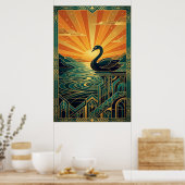 Poster Elegant Art Deco Swan Sunset Lake (Cuisine)