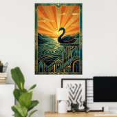 Poster Elegant Art Deco Swan Sunset Lake (Bureau à domicile)