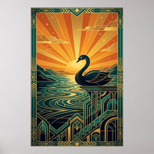 Poster Elegant Art Deco Swan Sunset Lake (Devant)