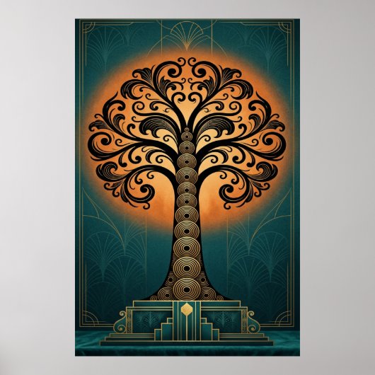 Poster Elegant Art Deco Tree Silhouette Gold & Teal Poste (Devant)