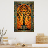 Poster Elegant Art Deco Willow Tree Sunset Gold (Cuisine)