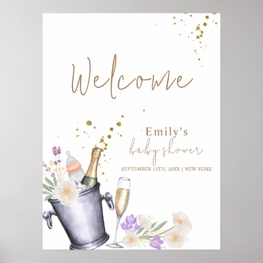 Poster Elégant Baby shower bouteille de champagne Bienven (Devant)