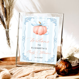 Poster Elégant Baby shower Citrouille Bleu Bow