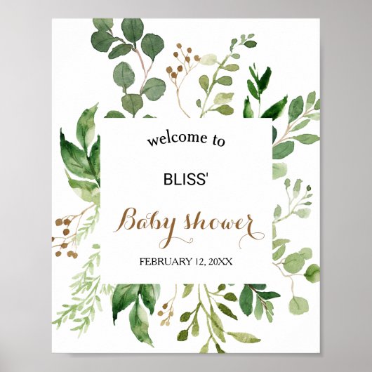 Poster Elégant Baby shower de verdure Eucalyptus Bienvenu (Devant)