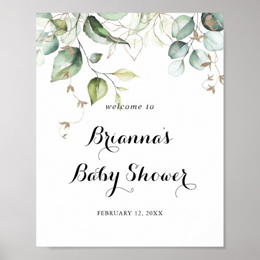 Poster Elégant Baby shower de verdure or Bienvenue (Devant)