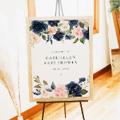 Poster Elégant Baby shower floral bleu marine Bienvenue