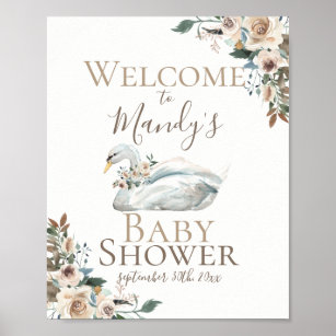 Poster Elégant Baby shower floral de cygne Neutre Bienven