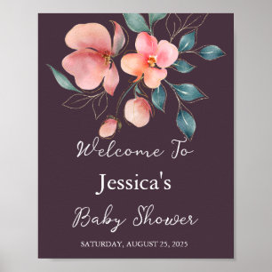 Poster Élégant Baby shower floral moderne rose et or