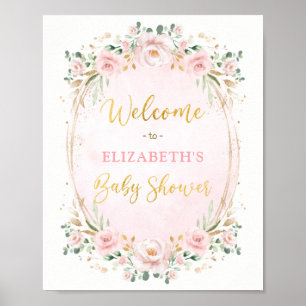Poster Elégant Baby shower floral rose rose or rose