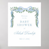 Poster Elégant Baby shower Garçon Blue Bow Greenery Bienv (Devant)