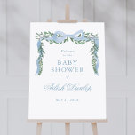 Poster Elégant Baby shower Garçon Blue Bow Greenery Bienv<br><div class="desc">Elégant Baby shower de Boy Boy Blue Green Poster de bienvenue. Cliquez sur le bouton personnaliser/modifier avec l'outil de conception pour customiser cette conception avec les détails de votre événement.</div>