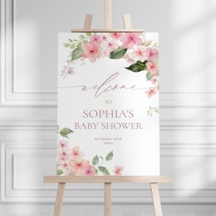 Poster Elégant Baby shower rose Sakura Flowers Bienvenue