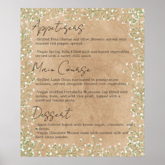 Poster Elegant Baby's Breath Floral Boho Mariage Menu (Devant)
