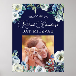 Poster Elégant Bat mitzvah floral bleu marine Bienvenue