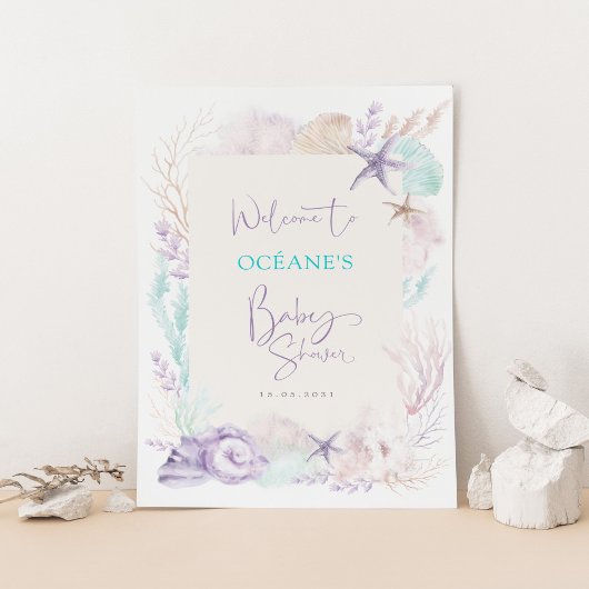 Poster Elégant Beach Ocean Corals Baby shower Bienvenue