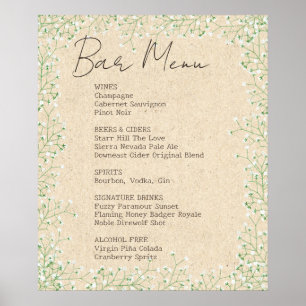 Poster Élégant Bébé's Breath Floral Mariage Bar Menu Sign