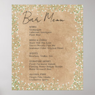 Poster Élégant Bébé's Breath Floral Mariage Bar Menu Sign