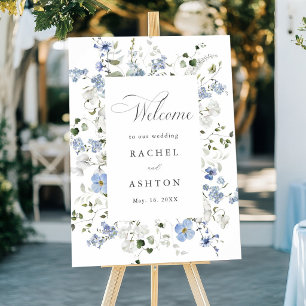 Poster Élégant Bienvenue Mariage Floral Bleu Blanc Vert