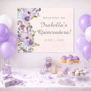 Poster Élégant Bienvenue Quinceañera Fleurie Bleu Lilas