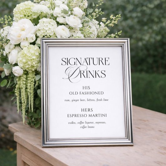 Poster Elegant Black and White Wedding Signature Drinks