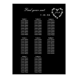 Poster Elegant Black Floral Heart 8 Tables Wedding Seatin