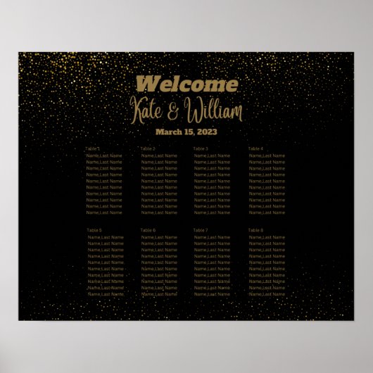 Poster Elégant Black & Gold 8 tables Seating Chart (Devant)