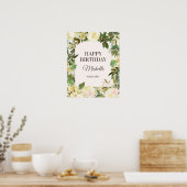 Poster Elégant Blanc Floral Feuilles Bonne fête d'anniver (Cuisine)