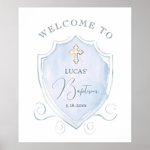 Poster Elégant bleu Aquarelle Crest Baptism Bienvenue