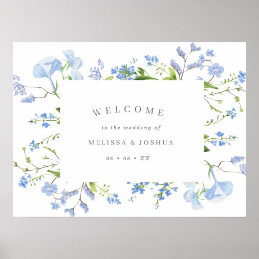 Poster Elégant bleu clair Mariage Floral Bienvenue (Devant)