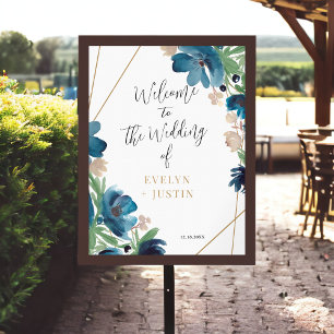 Poster Elégant bleu doré Mariage floral Bienvenue