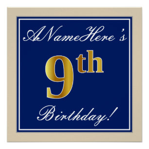 Poster Elégant, Bleu, Faux Gold 9e anniversaire; Nom pers