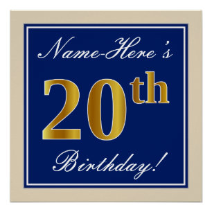 Poster Elégant, Bleu, Faux Or 20ème Anniversaire + Nom