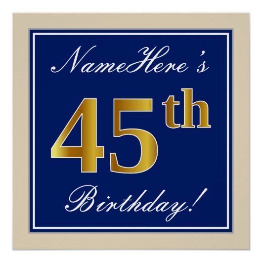 Poster Elégant, Bleu, Faux Or 45ème Anniversaire + Nom (Devant)