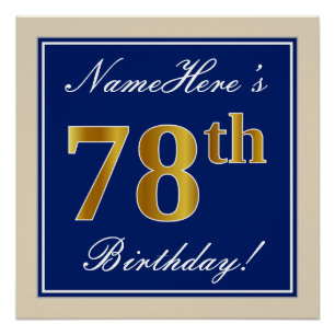Poster Elégant, Bleu, Faux Or 78ème Anniversaire + Nom