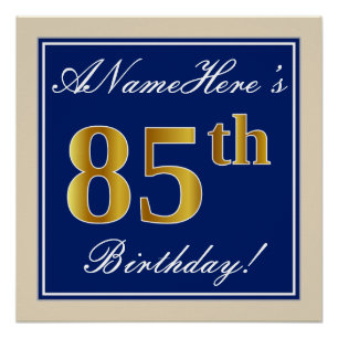 Poster Elégant, Bleu, Faux Or 85ème Anniversaire + Nom