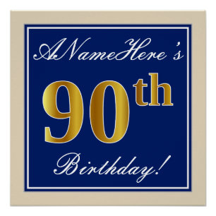 Poster Elégant, Bleu, Faux Or 90ème Anniversaire + Nom