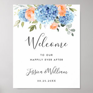 Poster Élégant bleu Hydrangea rose Rose Mariage
