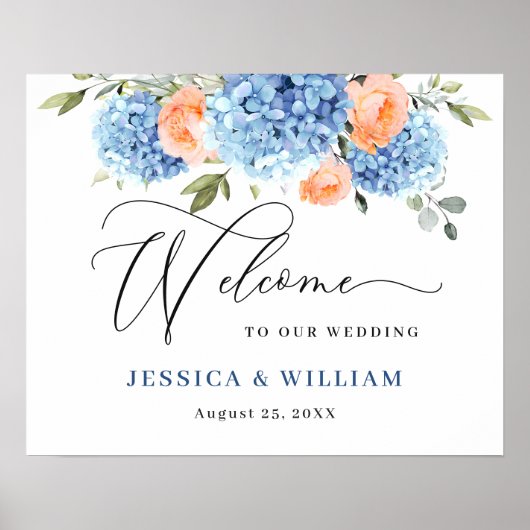 Poster Élégant bleu Hydrangea rose Rose Mariage (Devant)