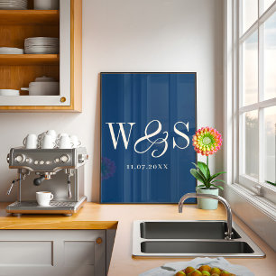 Poster Elégant bleu marine couple initiaux mariage