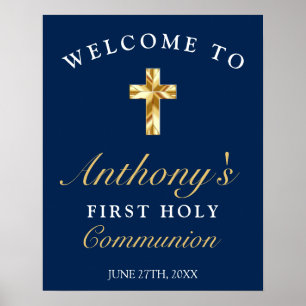 Poster Elégant Bleu Or Première Communion Sainte Bienvenu