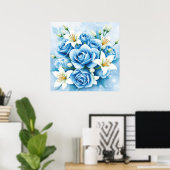 Poster Elégant bleu Rose Floral Art Imprimer (Bureau à domicile)