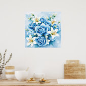Poster Elégant bleu Rose Floral Art Imprimer (Cuisine)