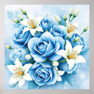 Poster Elégant bleu Rose Floral Art Imprimer