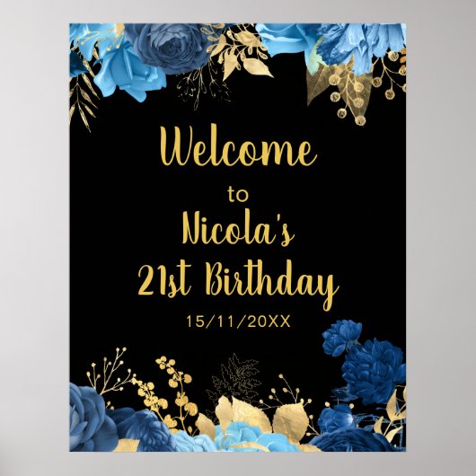 Poster Elegant Blue and Gold Flowers Birthday Party (Devant)