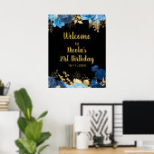 Poster Elegant Blue and Gold Flowers Birthday Party (Bureau à domicile)