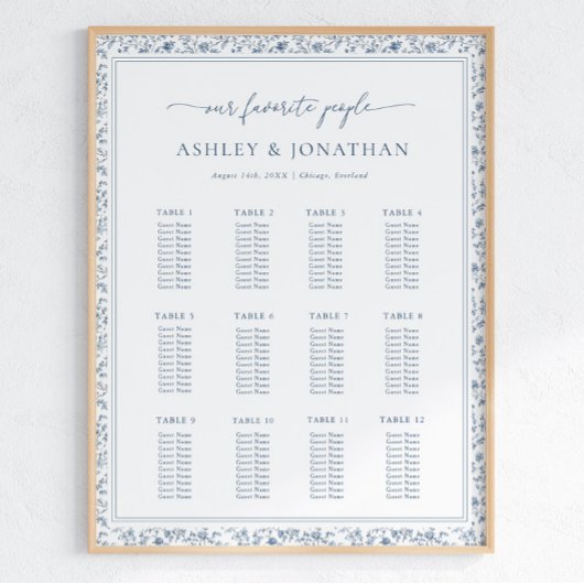 Poster Elegant Blue Chinoiserie Wedding Seating Chart