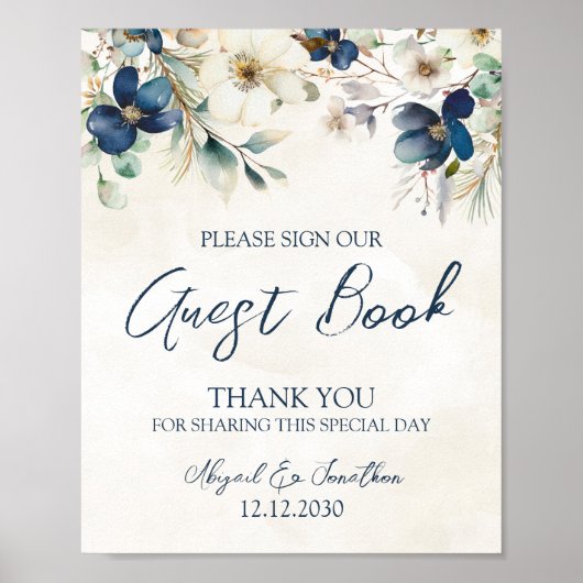 Poster Elegant Blue Floral Winter Wedding Guest Book Sign (Devant)