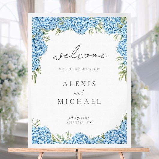 Poster Elégant Blue Hydrangea Floral Mariage Bienvenue